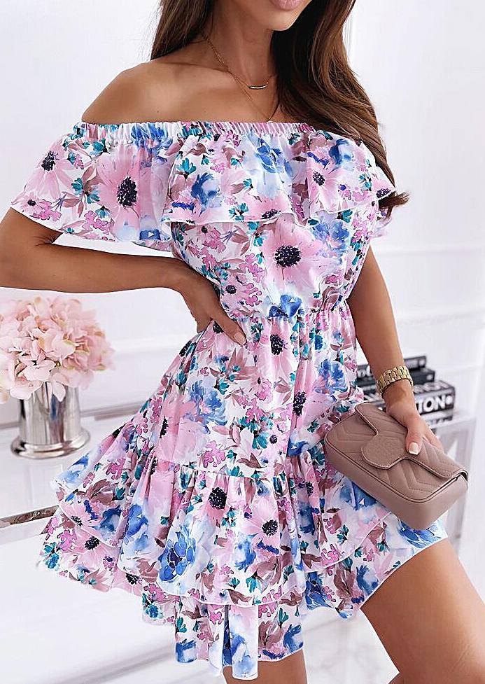 

Floral Layered Off Shoulder Elastic Waist Mini Dress, Multicolor, 508194