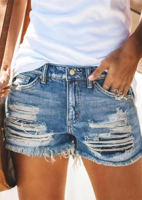 

Pocket Button Ripped Hole Denim Shorts - Blue, 502631