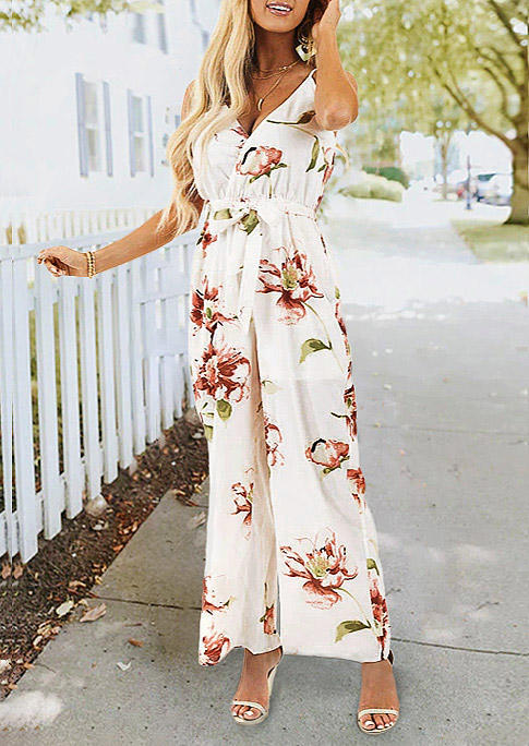 

Floral Pocket Spaghetti Strap Elastic Waist Jumpsuit - White, 506449