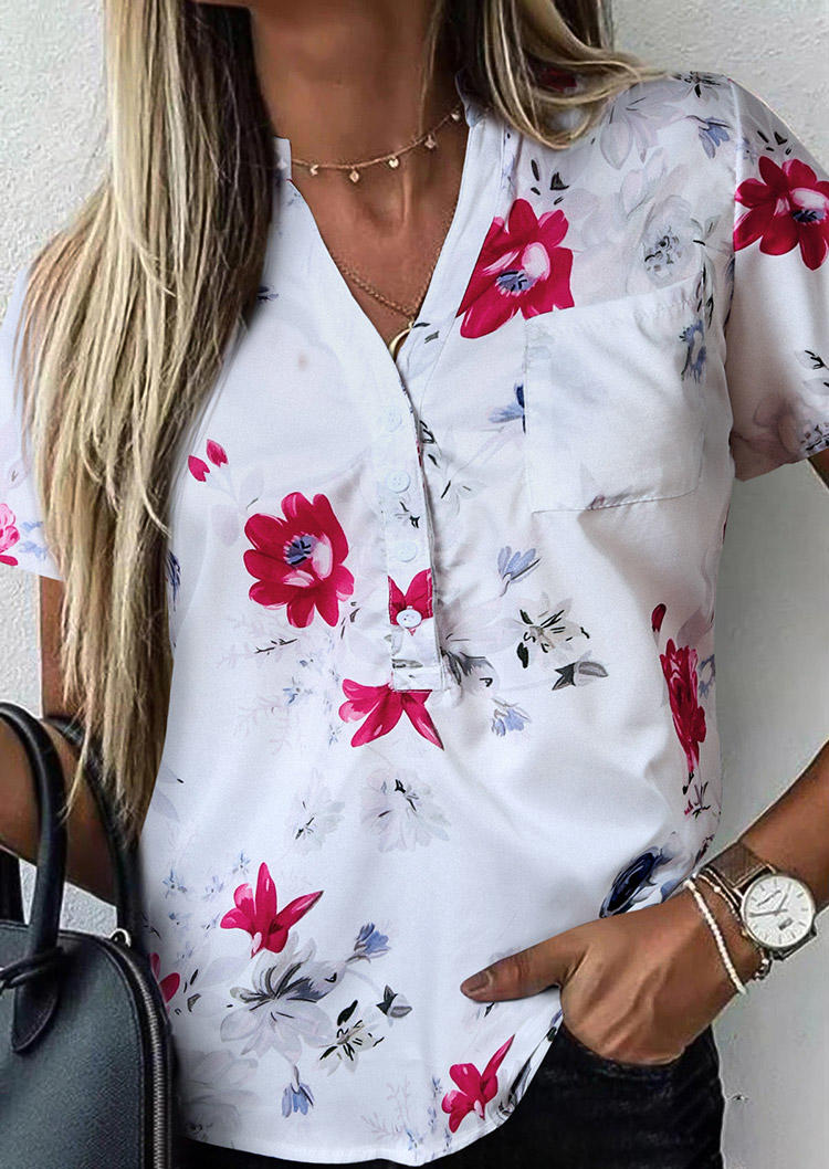 

Floral Button Pocket V-Neck Blouse - White, 506948
