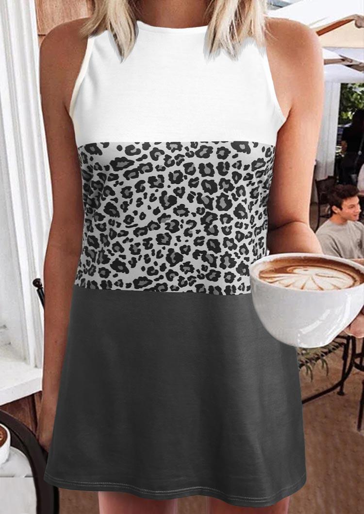 

Leopard Color Block Sleeveless O-Neck Mini Dress, Multicolor, 507855