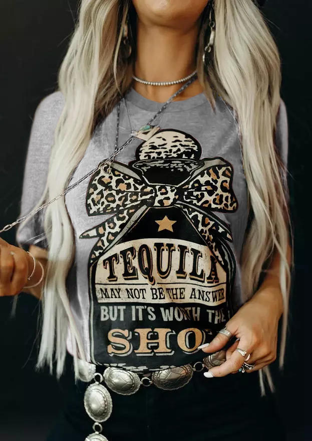 

Leopard Star Tequila Worth The Shot T-Shirt Tee - Gray, 508061