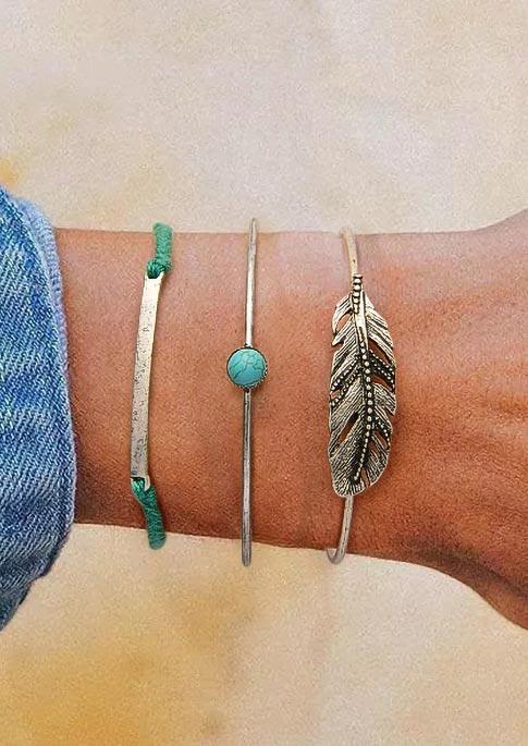 

3Pcs Bohemian Leaf Turquoise Adjustable Bracelet, Silver, 508140