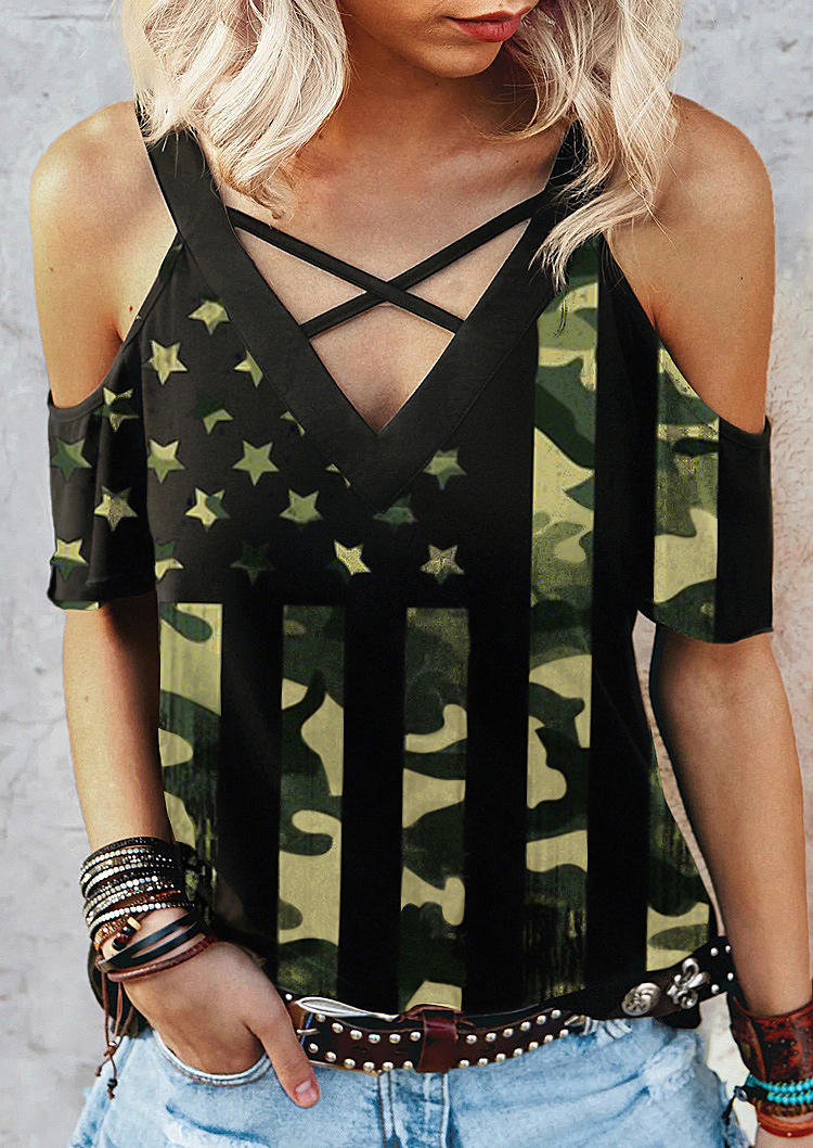 

Camouflage American Flag Star Striped Blouse, Multicolor, 508149