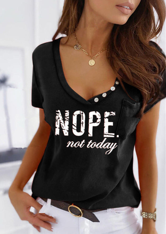 

Nope Not Today Button Pocket V-Neck T-Shirt Tee - Black, 508203