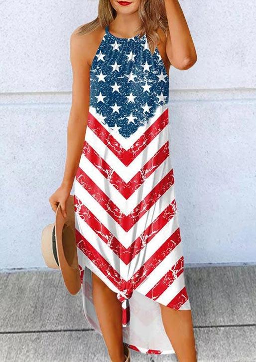 

American Flag Star Striped Halter Asymmetric Maxi Dress, Multicolor, 508215