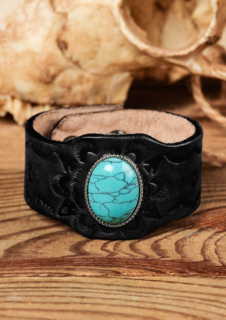 

Vintage Turquoise Embossed Wide Leather Bracelet, Black, 508229