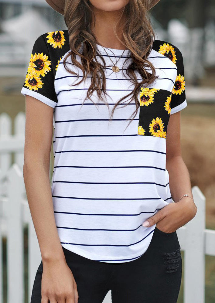 

Striped Sunflower Pocket Raglan Sleeve Blouse, Multicolor, 508245