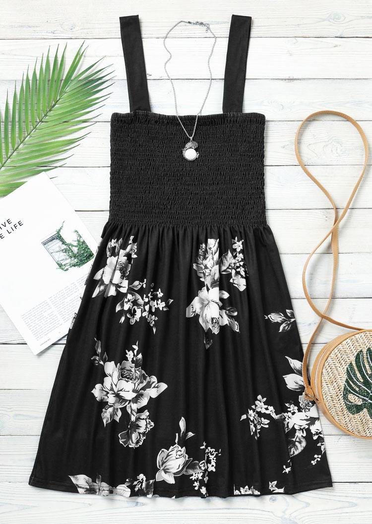 Floral Smocked Waist Spaghetti Strap Mini Dress - Black