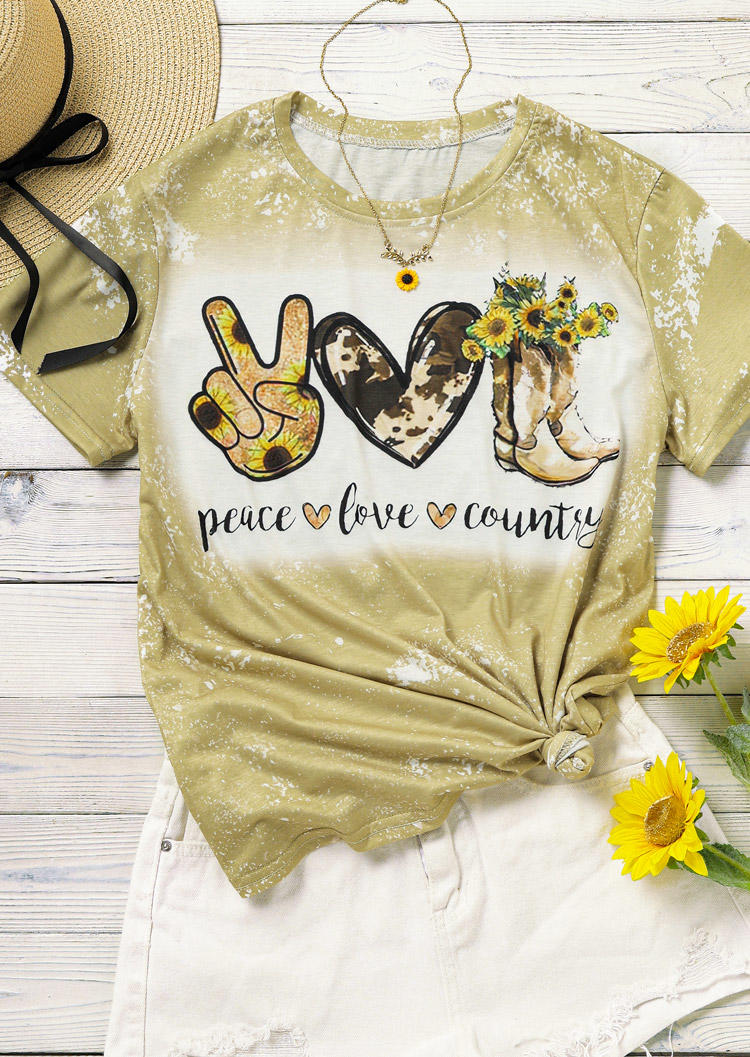 

Peace Love Country Sunflower Bleached T-Shirt Tee - Light Khaki, 508277