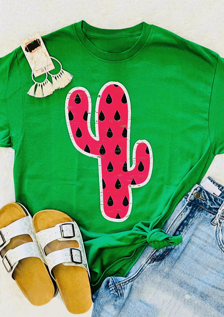 

Watermelon Cactus O-Neck T-Shirt Tee - Green, 508308