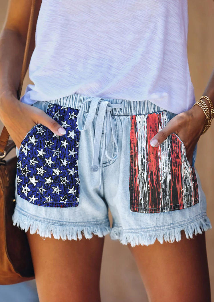 

American Flag Star Striped Pocket Frayed Hem Denim Shorts, Light blue, 508310