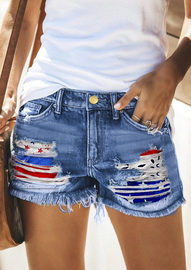 

American Flag Ripped Hole Frayed Hem Denim Shorts - Blue, 508315