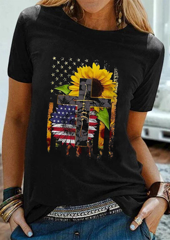

American Flag Sunflower Faith Cross T-Shirt Tee - Black, 508409