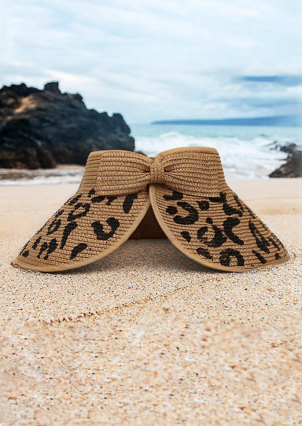 

Leopard Bowknot Hollow Out Sun Visor Rolled Up Straw Woven Hat, Light brown, 505708