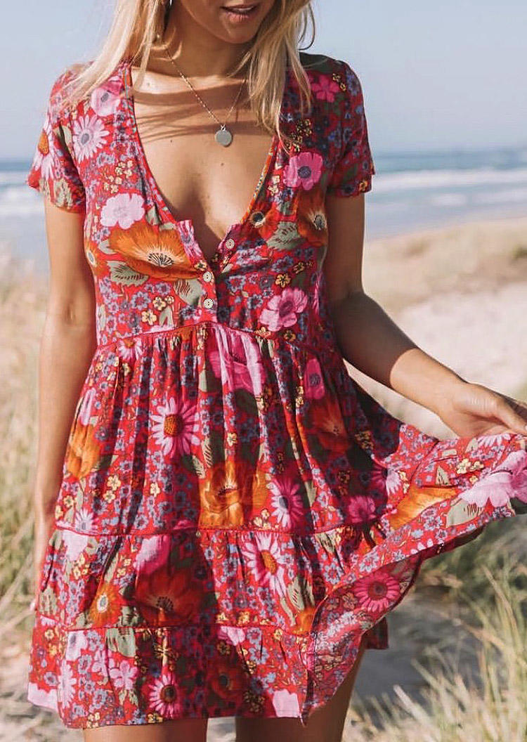 

Floral Button V-Neck Mini Dress, Multicolor, 507259