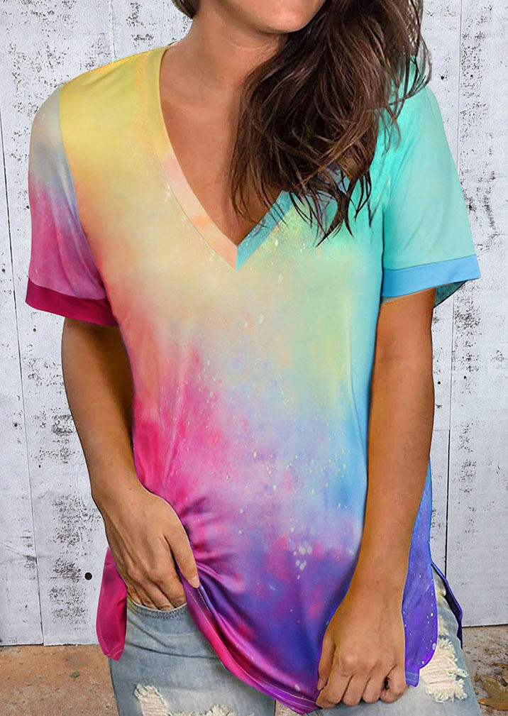 

Tie Dye V-Neck Slit Casual Blouse, Multicolor, 507728