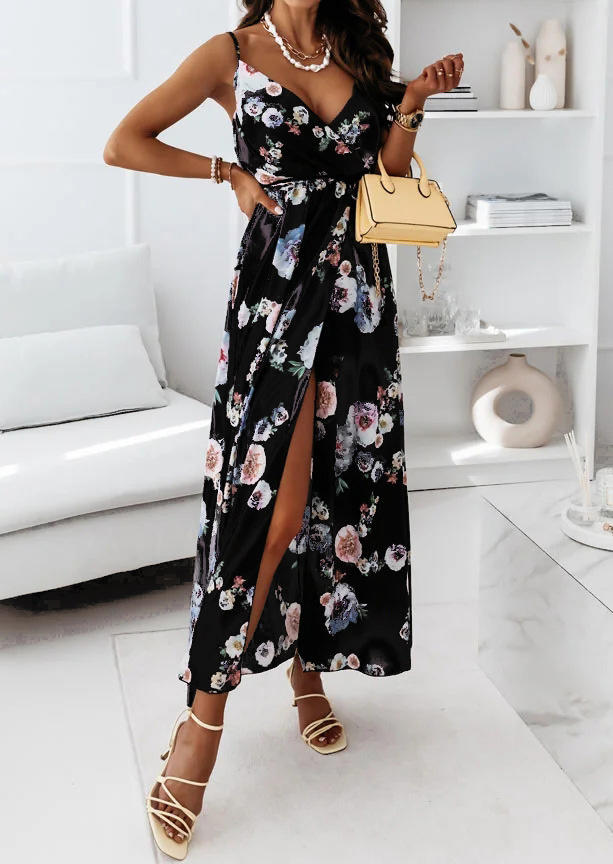 

Floral Slit Spaghetti Strap Maxi Dress - Black, 508244