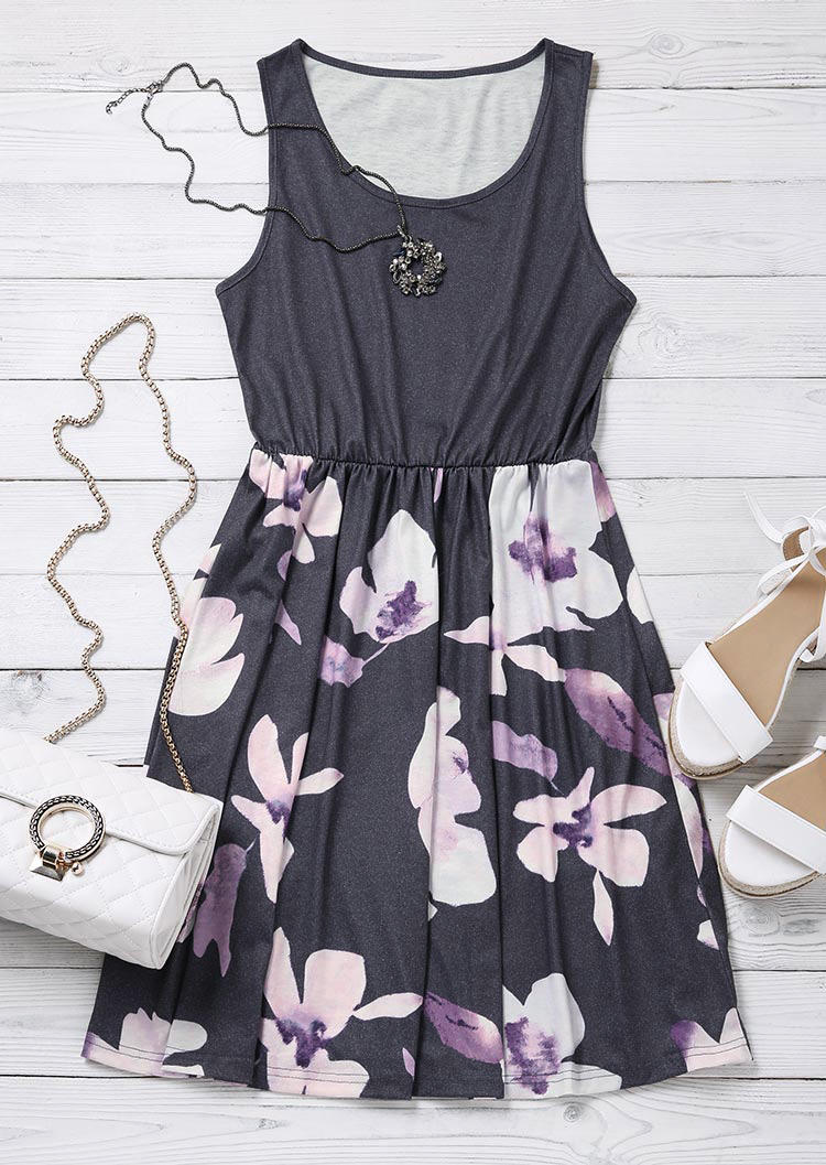 Floral Ruffled Sleeveless Mini Dress - Gray