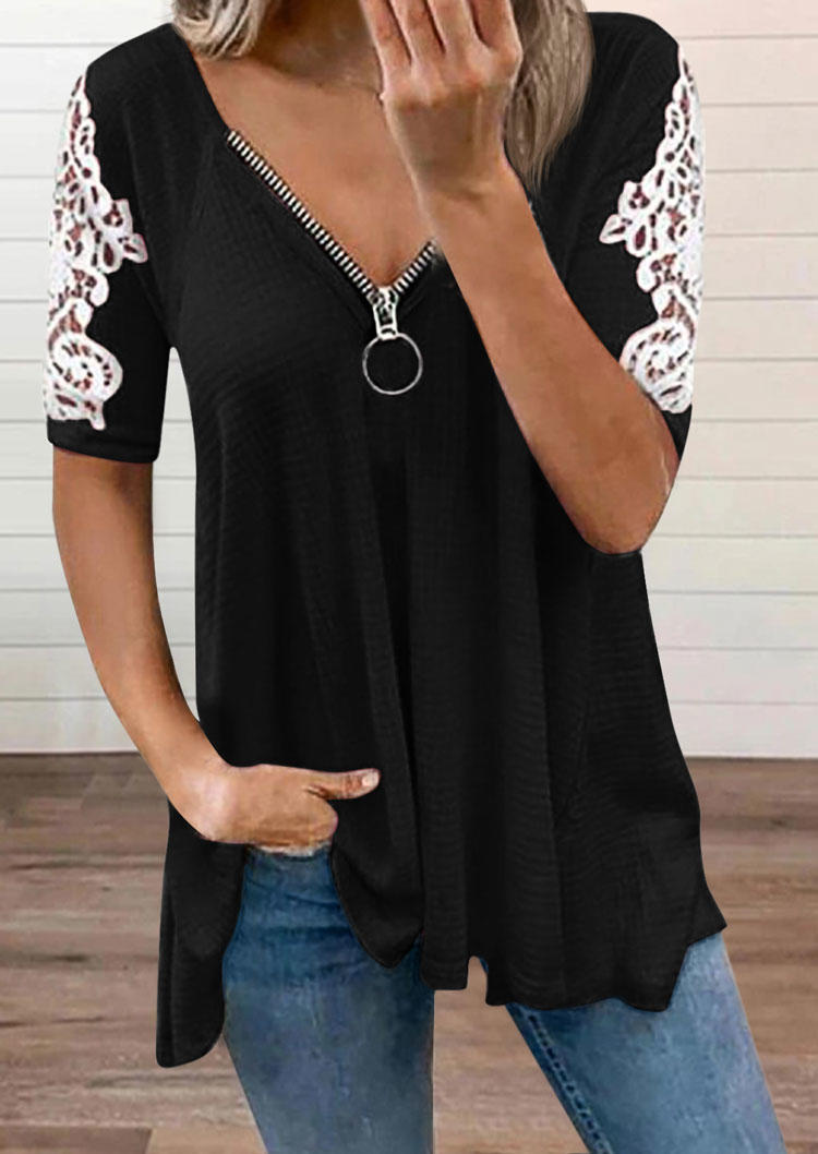 

Lace Splicing Zipper Collar Waffle Blouse - Black, 508301