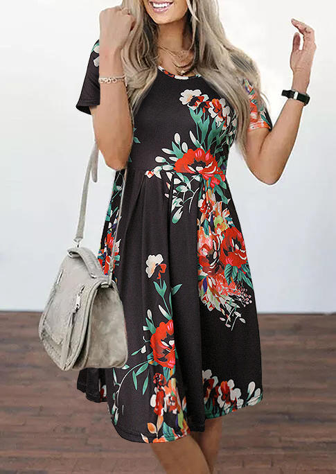 

Floral Ruffled O-Neck Mini Dress - Black, 508302