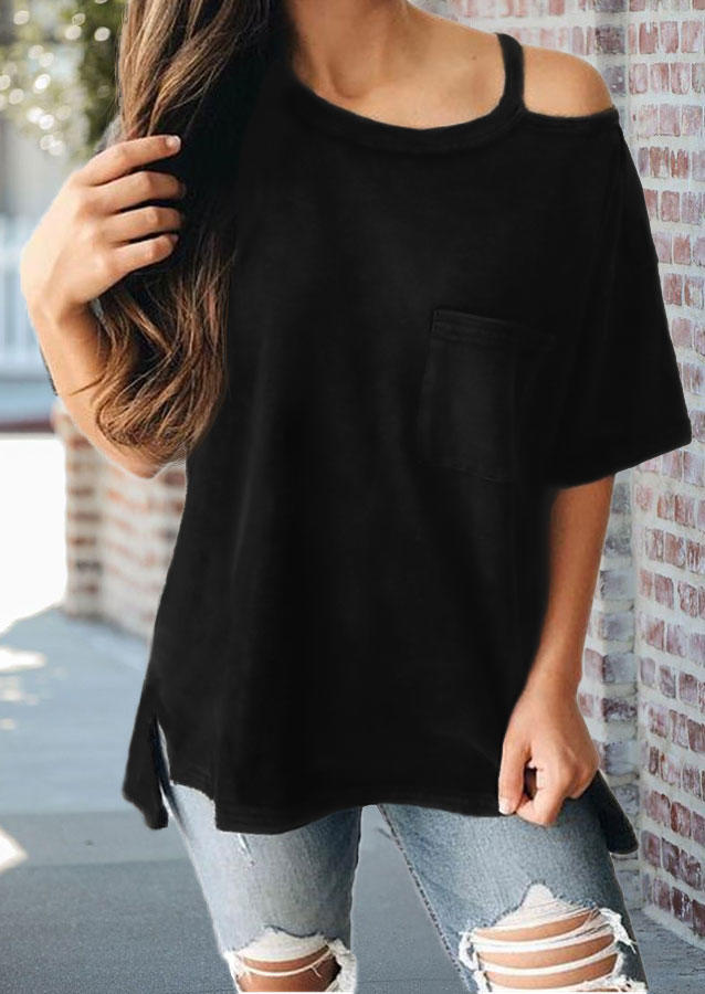 

Vintage Pocket Slit One Sided Cold Shoulder Blouse - Black, 508305