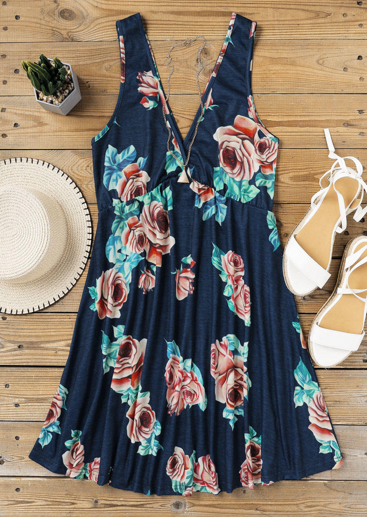 Floral Ruffled Sleeveless Deep V-Neck Mini Dress