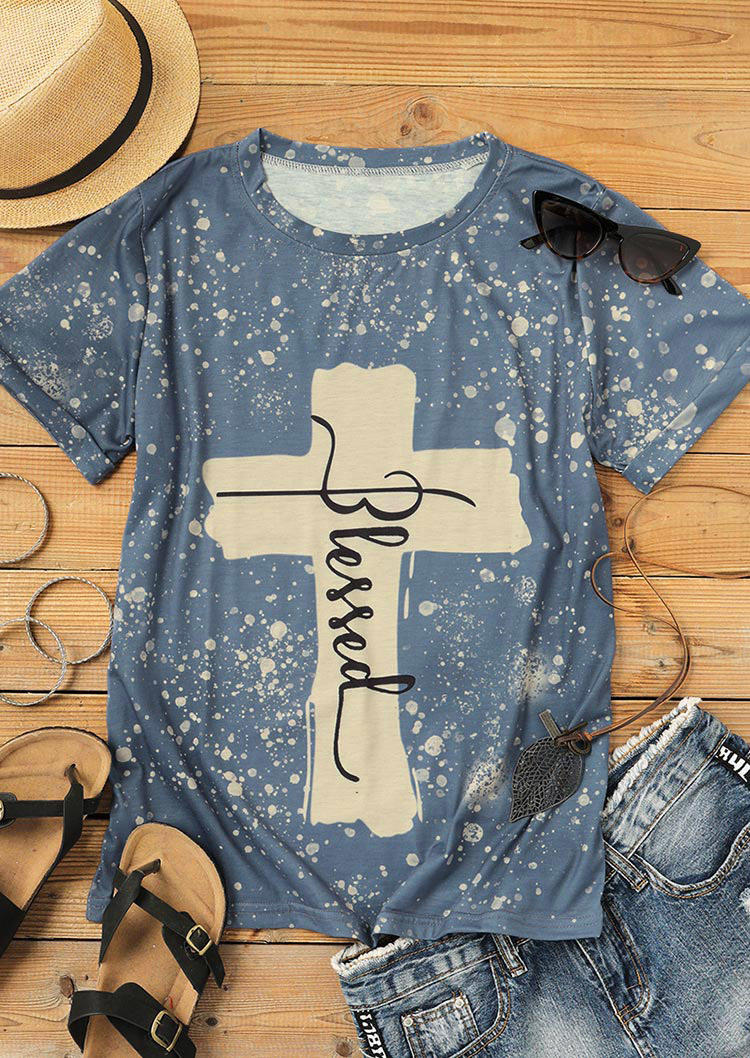 

Blessed Cross Bleached O-Neck T-Shirt Tee - Gray, 508361