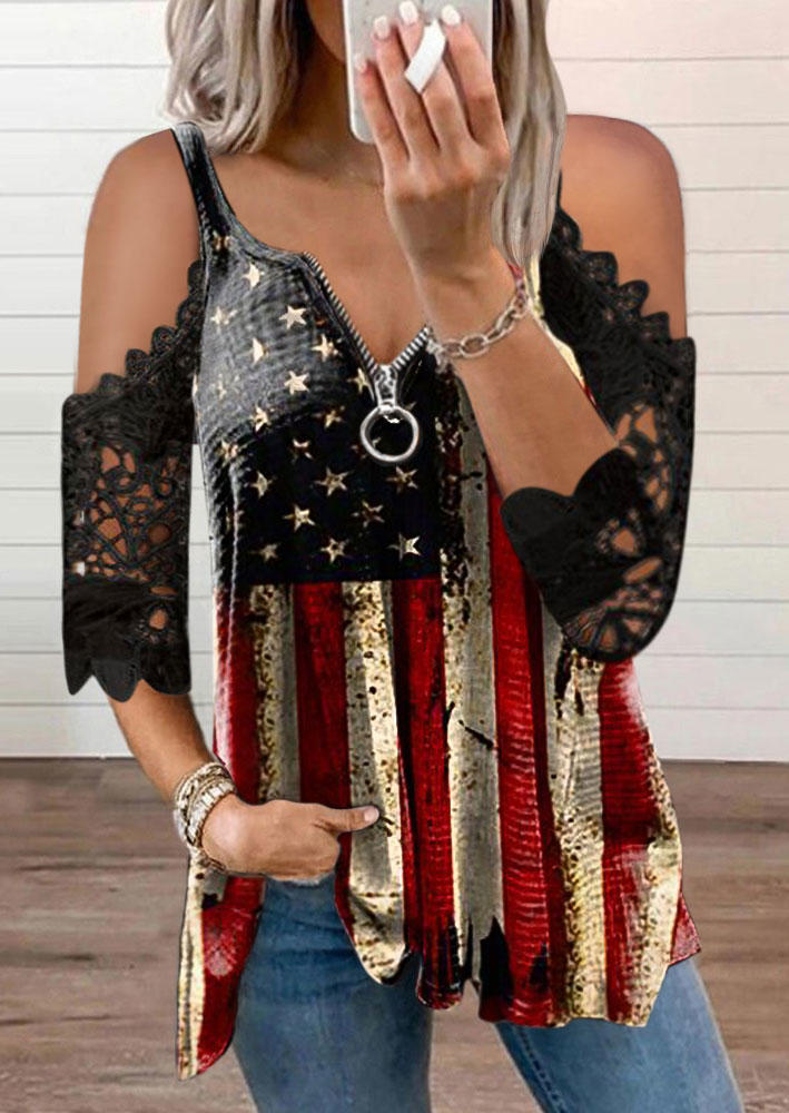 American Flag Star Striped Lace Cold Shoulder Blouse - Blue