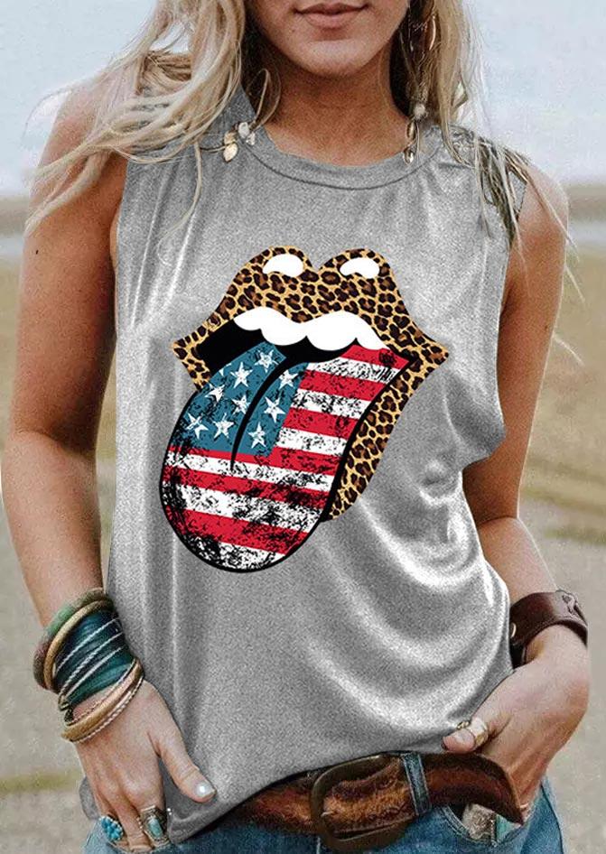 

Leopard American Flag Star Striped Lips Tank - Light Grey, 508533