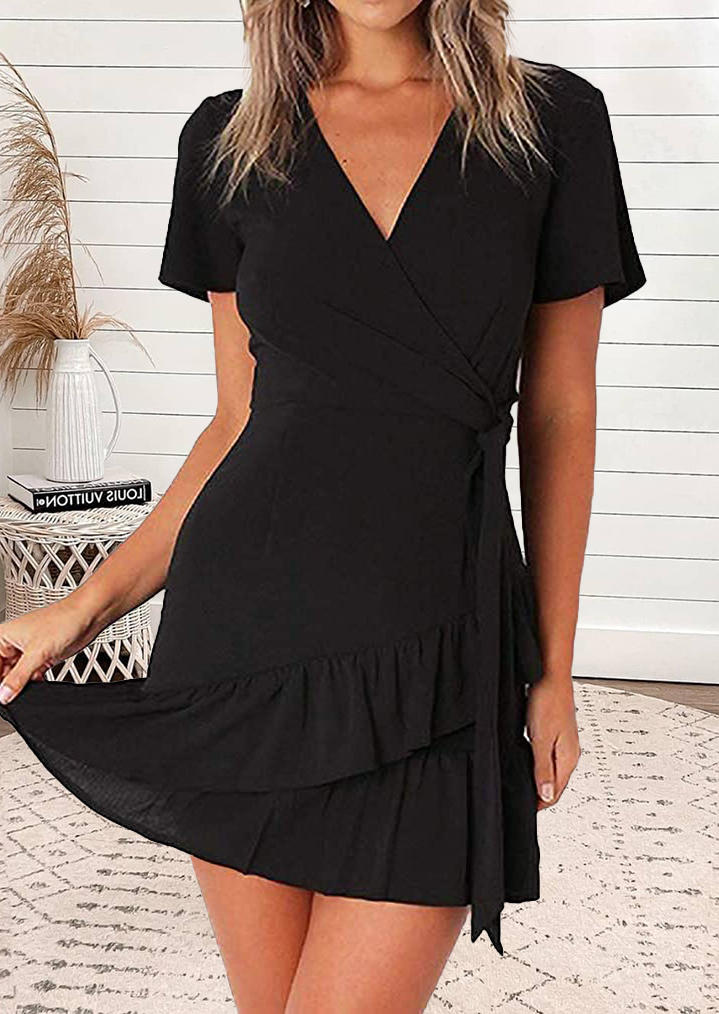 

Ruffled Wrap V-Neck Casual Mini Dress - Black, 508586
