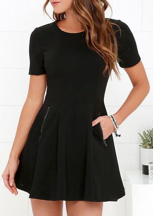 

Zipper Pocket Short Sleeve O-Neck Mini Dress - Black, 508588