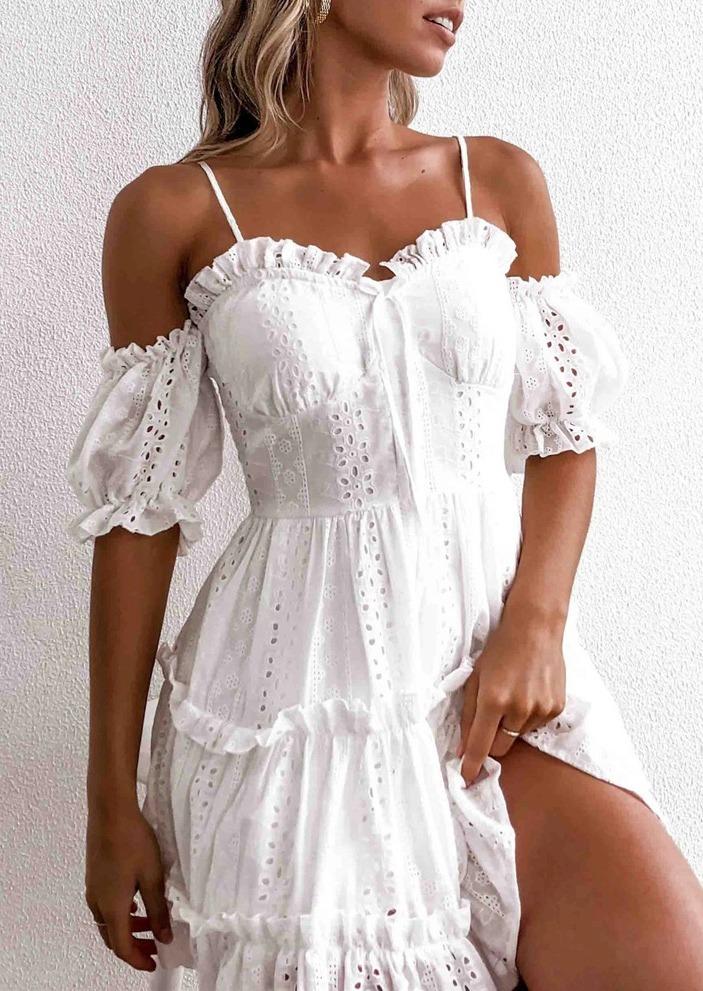 

Hollow Out Ruffled Cold Shoulder Mini Dress - White, 507962