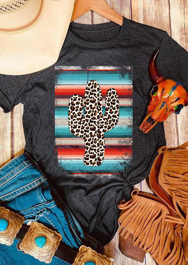 Serape Striped Leopard Cactus T-Shirt Tee - Dark Grey