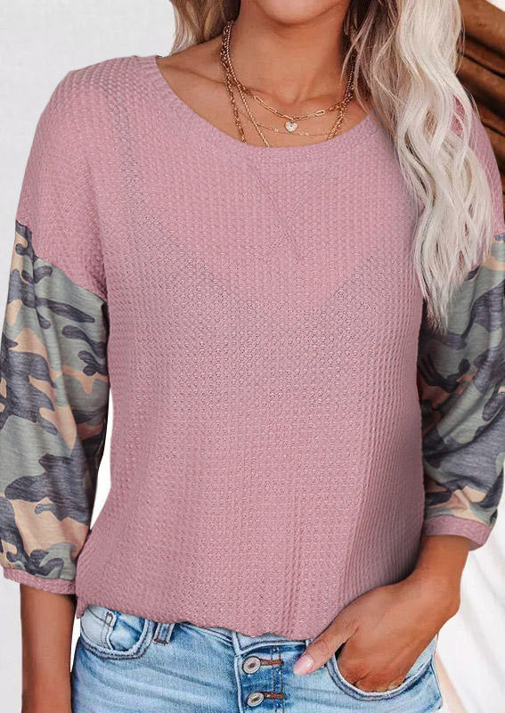 

Camouflage Splicing O-Neck Long Sleeve Blouse - Pink, 508354
