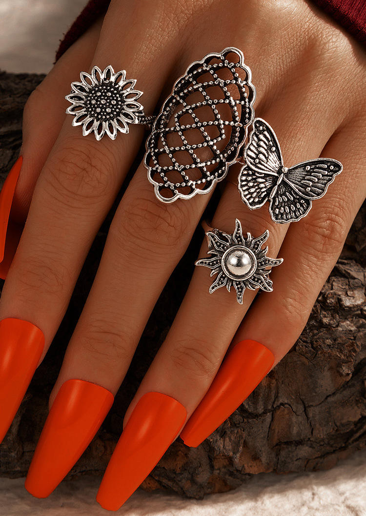 

4Pcs Sunflower Butterfly Hollow Out Alloy Ring Set, Silver, 508367