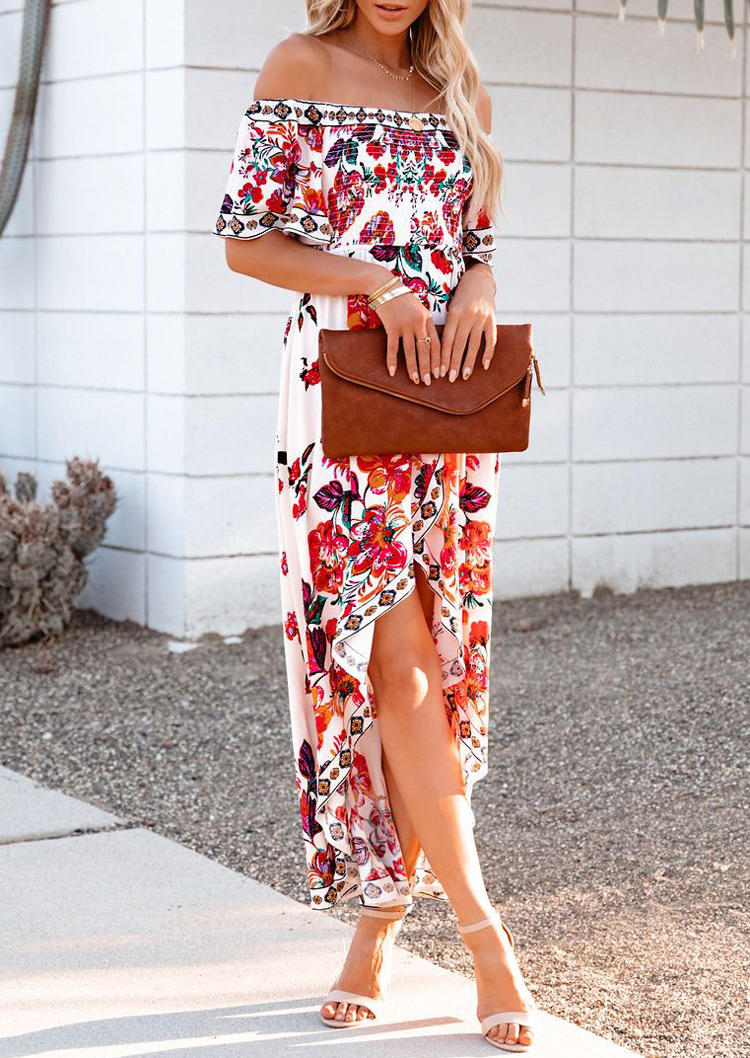 

Floral Asymmetric Hem Off Shoulder Maxi Dress, Multicolor, 508390