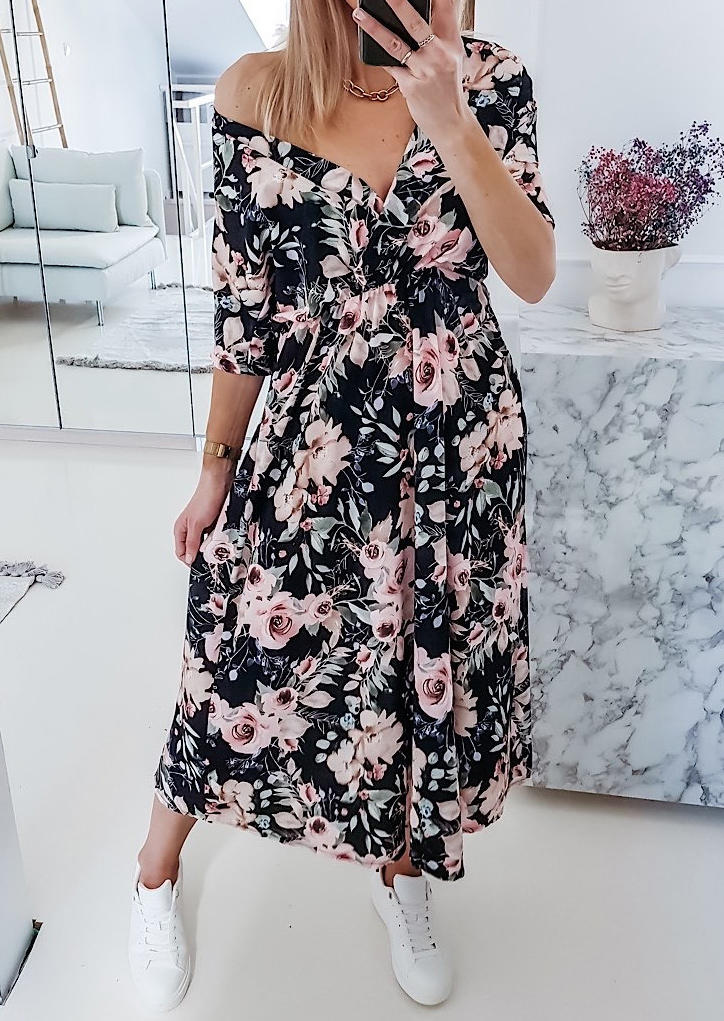 

Floral V-Neck Elastic Waist Midi Dress - Black, 508401
