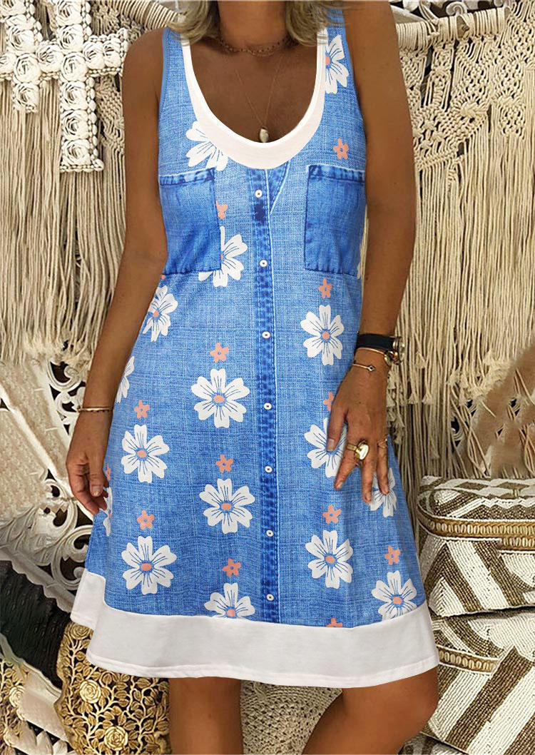 Floral Sleeveless Fake Two-Piece Mini Dress - Blue, 508405