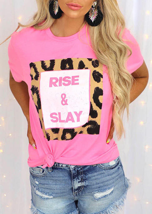 

Rise & Slay Leopard O-Neck T-Shirt Tee - Pink, 508455