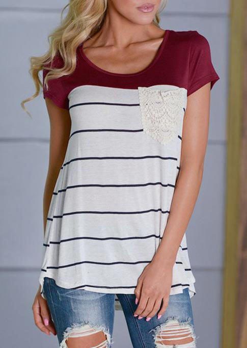 

Striped Lace Pocket Splicing O-Neck Blouse - Burgundy, 508480