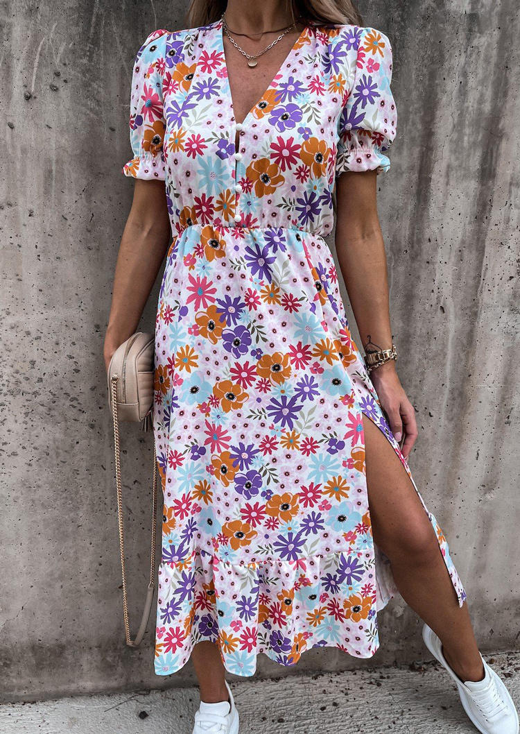 

Floral Button Slit V-Neck Elastic Cuff Midi Dress, Multicolor, 508487