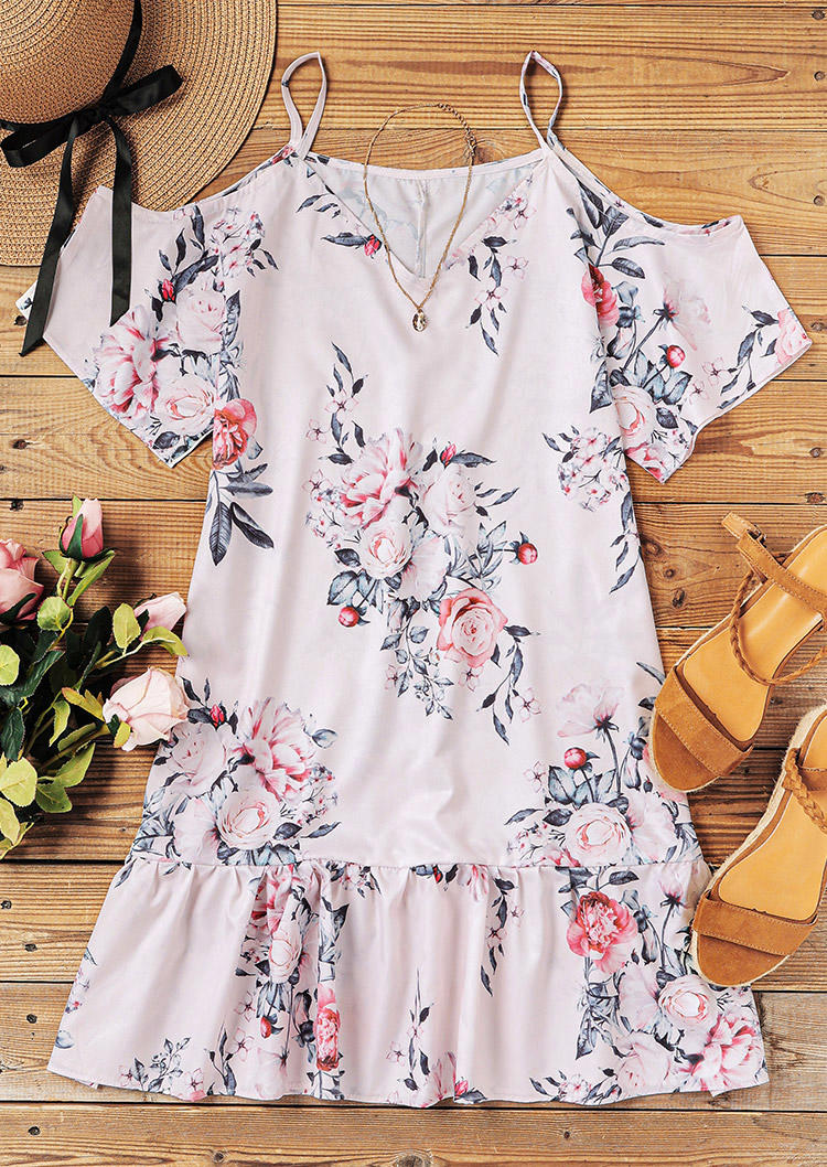 Floral Ruffled Cold Shoulder V-Neck Mini Dress