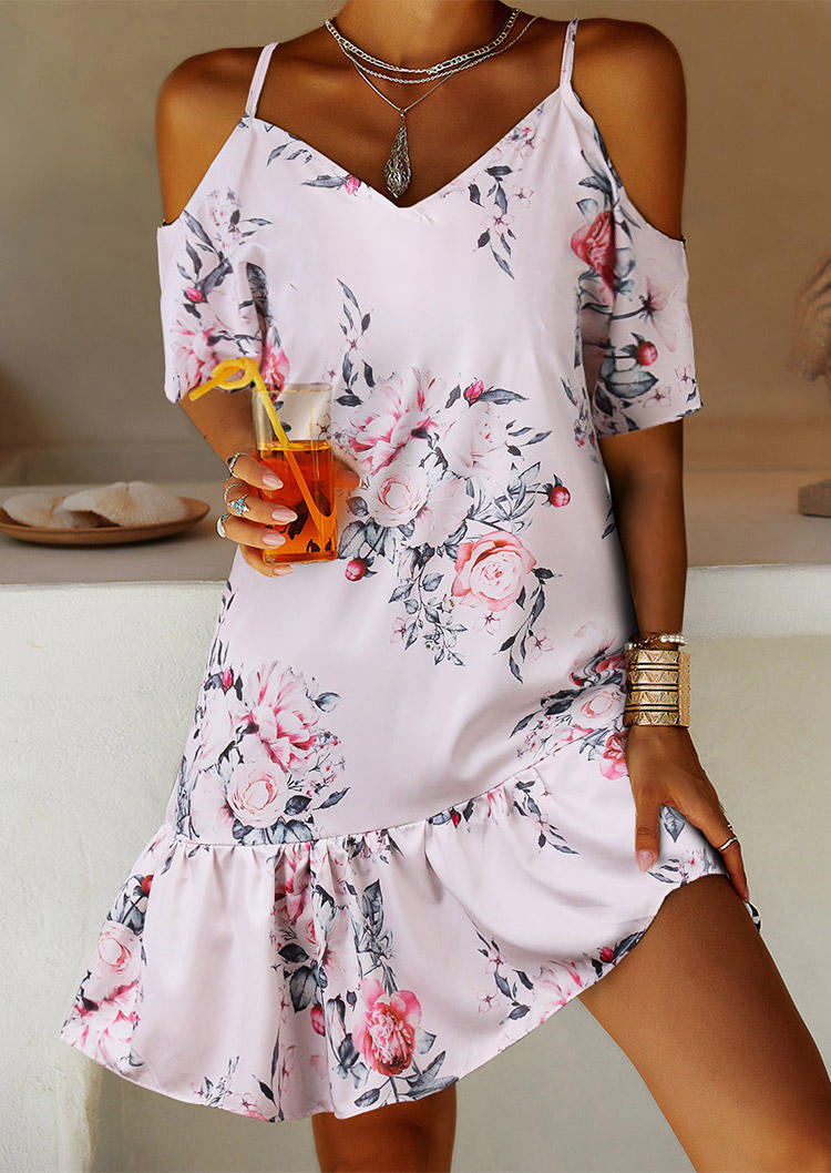 

Floral Ruffled Cold Shoulder V-Neck Mini Dress, Multicolor, 508491