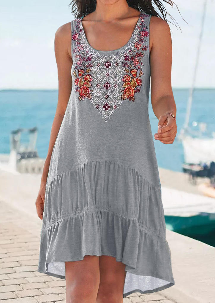 

Vintage Floral Asymmetric Sleeveless Mini Dress, Gray, 508503
