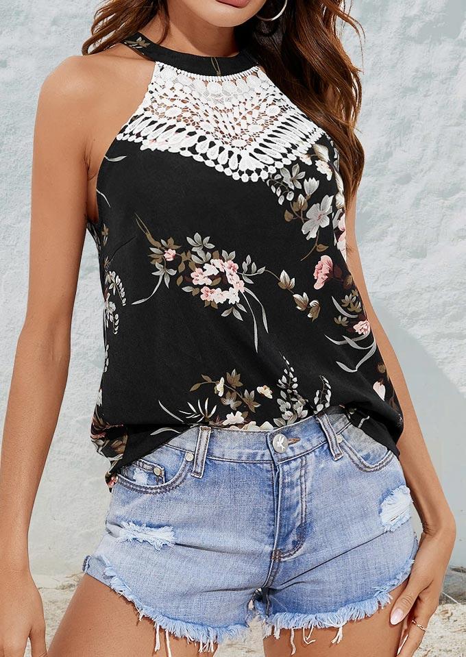 

Lace Floral Halter Tie Camisole - Black, 508507