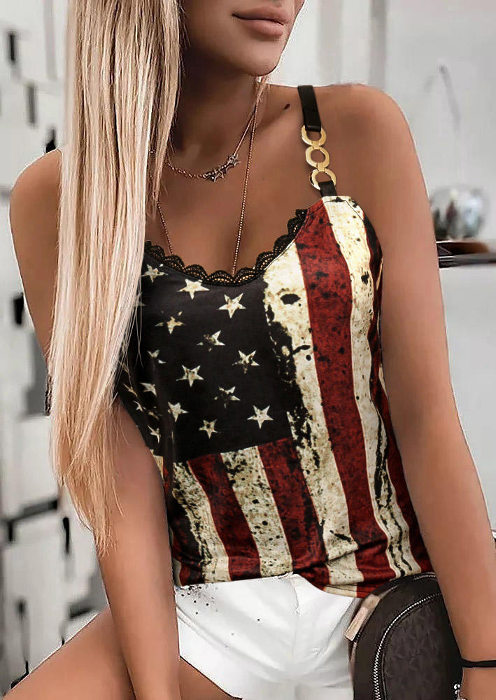 

American Flag Star Striped Lace Splicing Camisole - Black, 508521