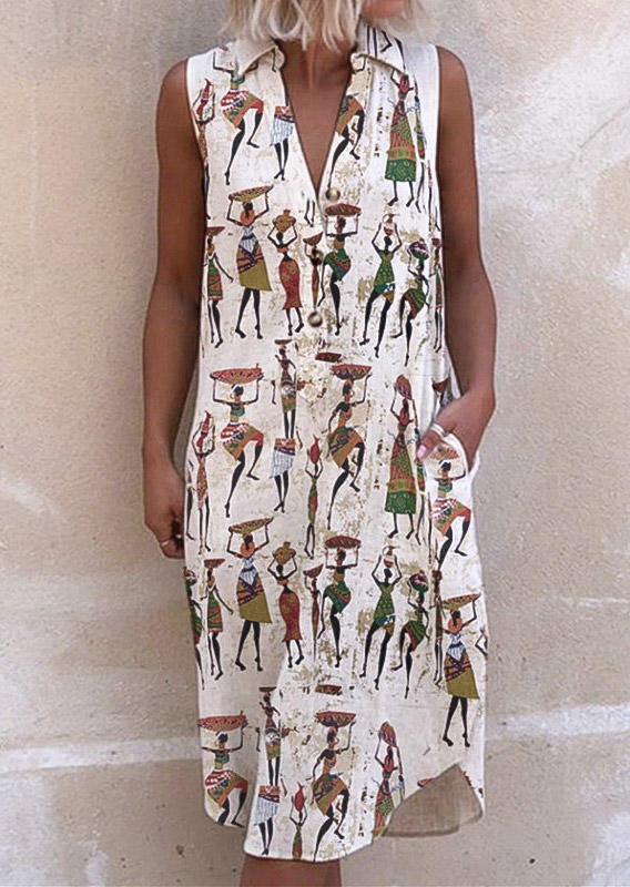 

Pocket Sleeveless Turn-down Collar Midi Dress, Multicolor, 508524
