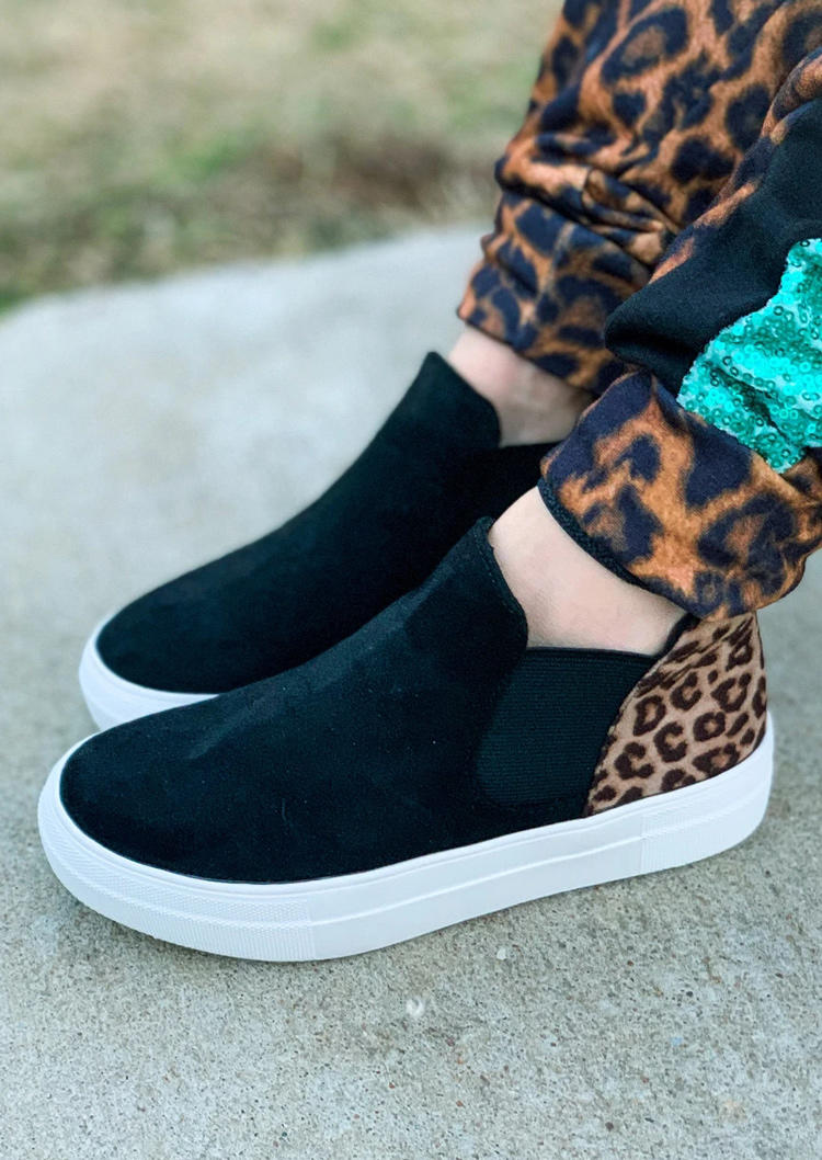 

Leopard Splicing Slip On Round Toe Flat Sneakers - Black, 508528