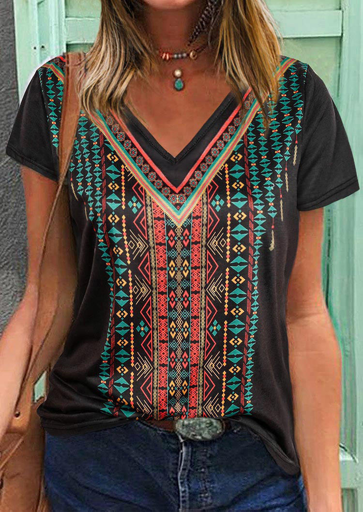 

Aztec Geometric Western V-Neck Blouse - Black, 508426